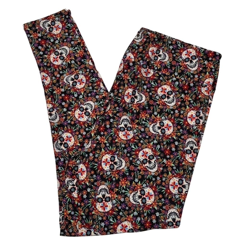 LuLaRoe Women Leggings Size TC2 Black Floral Sugar Skull Halloween Plus 18+ NWT